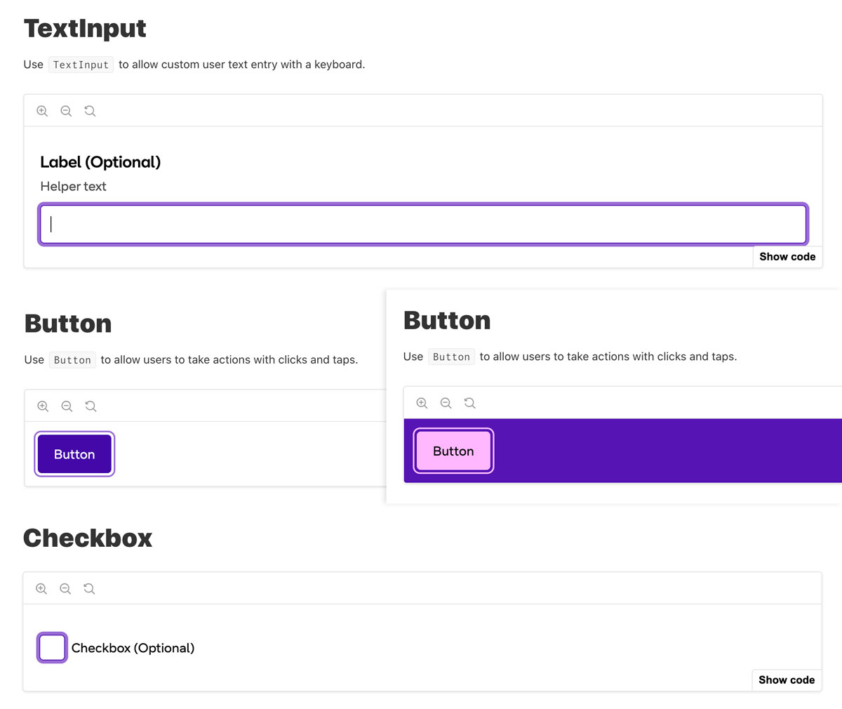 A screenshot of UI library platform Storybook showing the focus states of multiple inputs