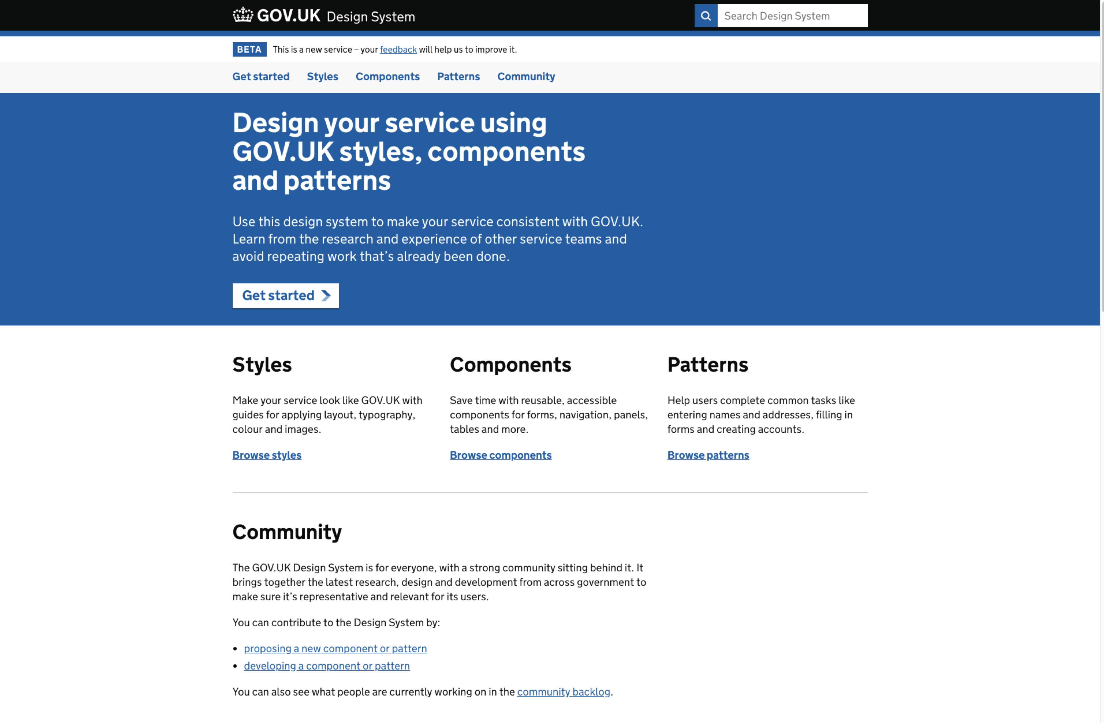 a screenshot of the gov uk design system home page